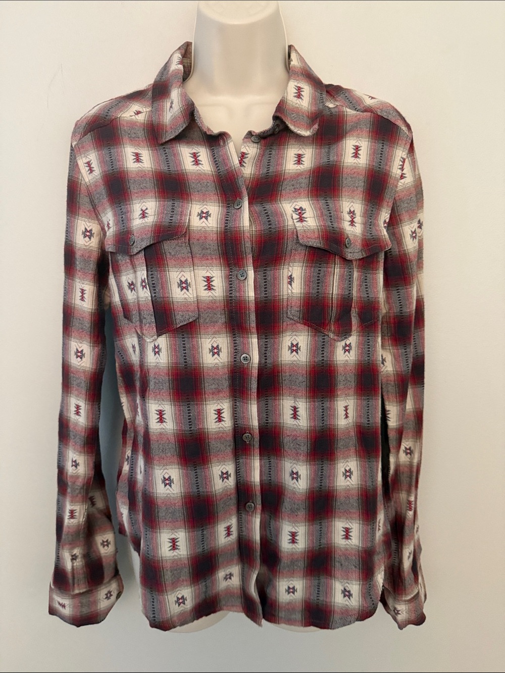PAIGE Red and Cream Plaid Button-Down Shirt